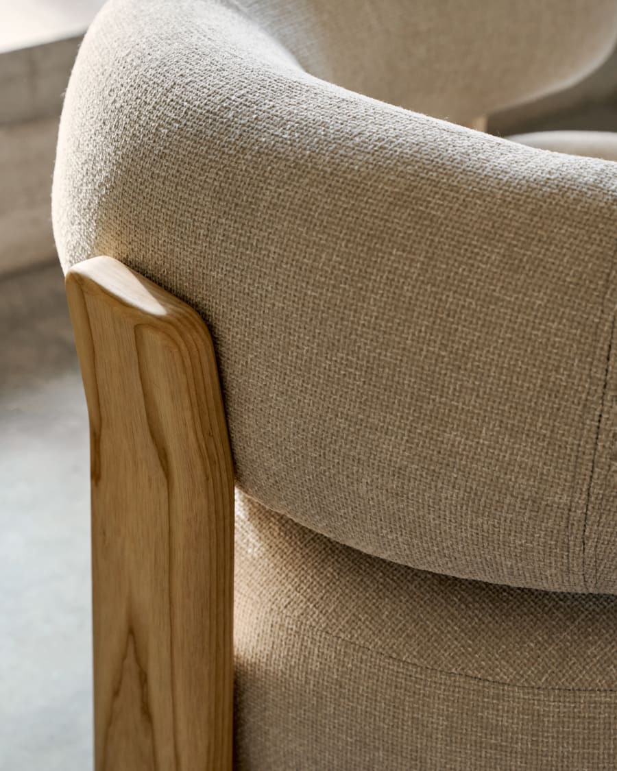 Granite beige chenille armchair with solid ash wood legs in a natural finish FSC 100%
