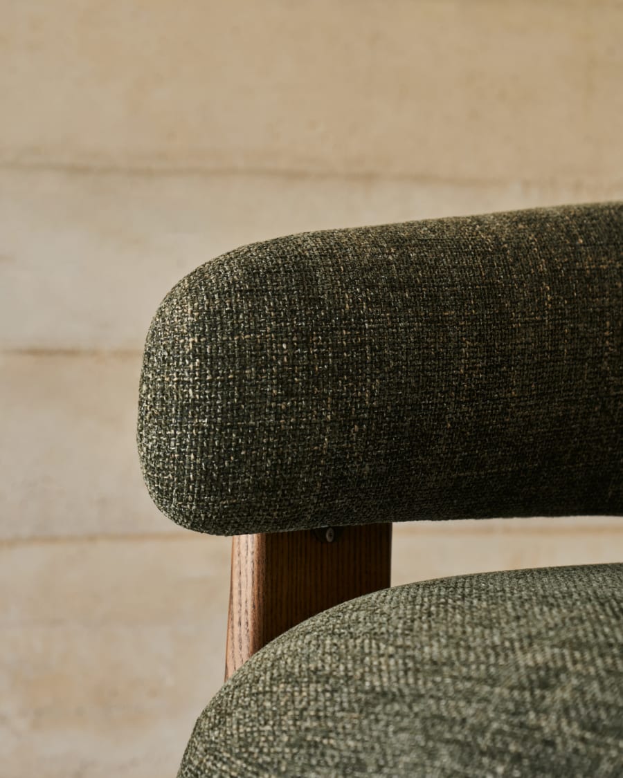 Granite green chenille armchair with solid ash wood legs in a walnut finish FSC 100%
