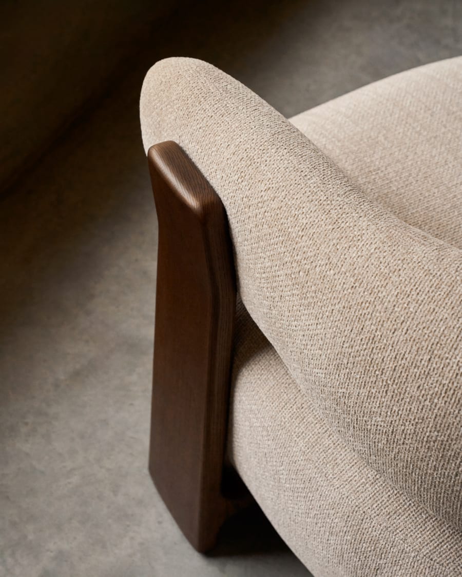 Granite beige chenille armchair with solid ash wood legs in a walnut finish FSC 100%