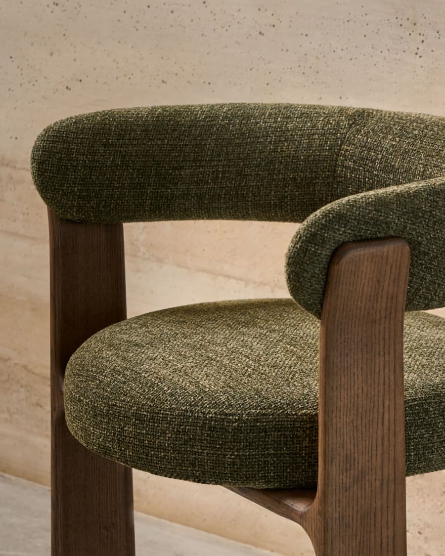 Granite 3-legged chair in green chenille and with solid ash wood in a walnut finish FSC 100%