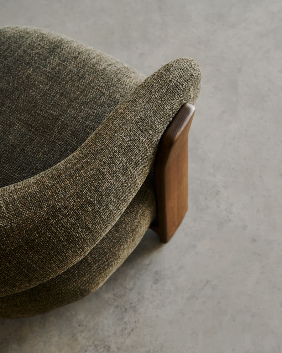 Granite green chenille armchair with solid ash wood legs in a walnut finish FSC 100%