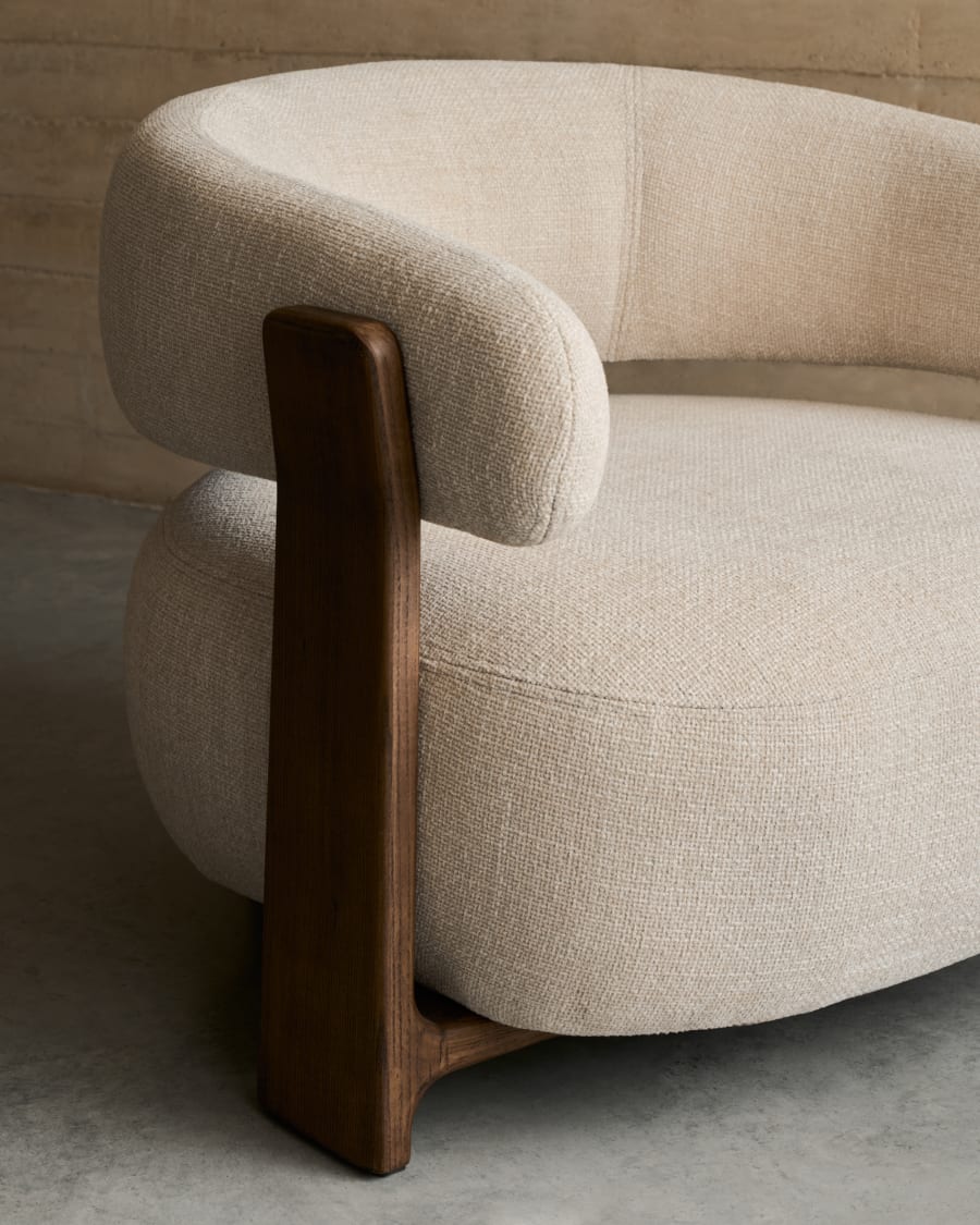 Granite beige chenille armchair with solid ash wood legs in a walnut finish FSC 100%