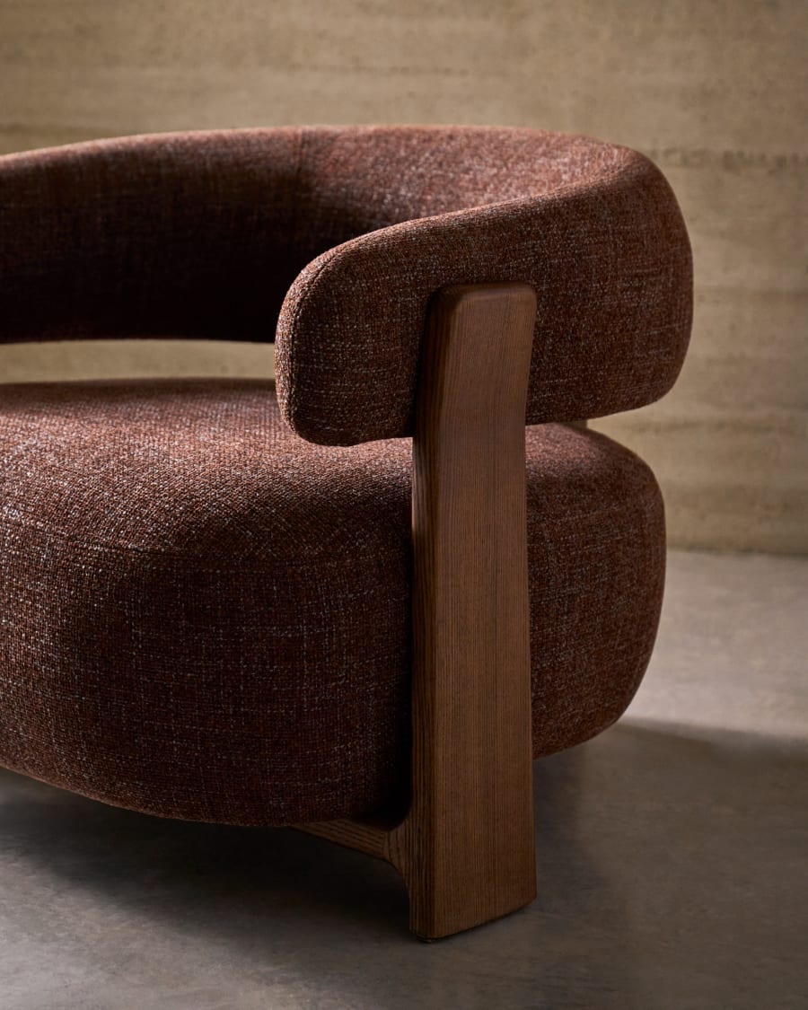 Granite brown chenille armchair with solid ash wood legs in a walnut finish FSC 100%