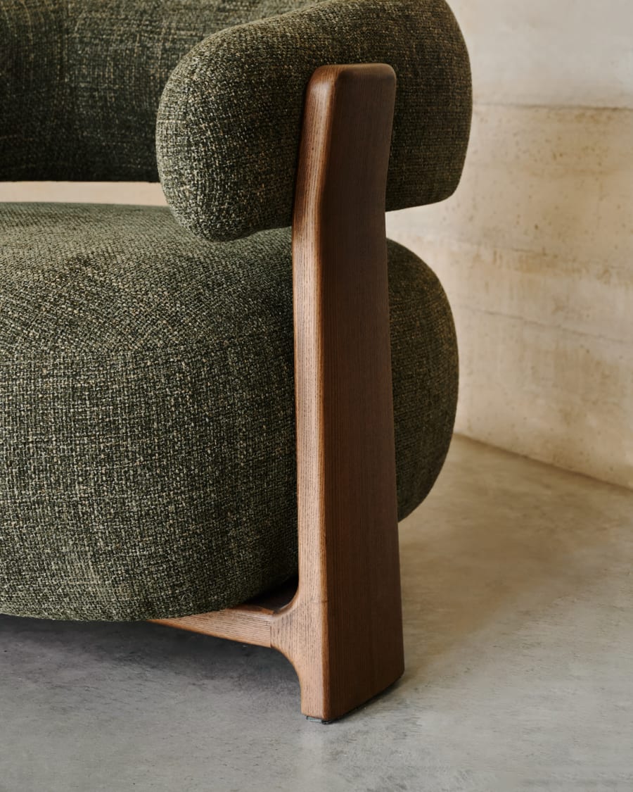 Granite green chenille armchair with solid ash wood legs in a walnut finish FSC 100%