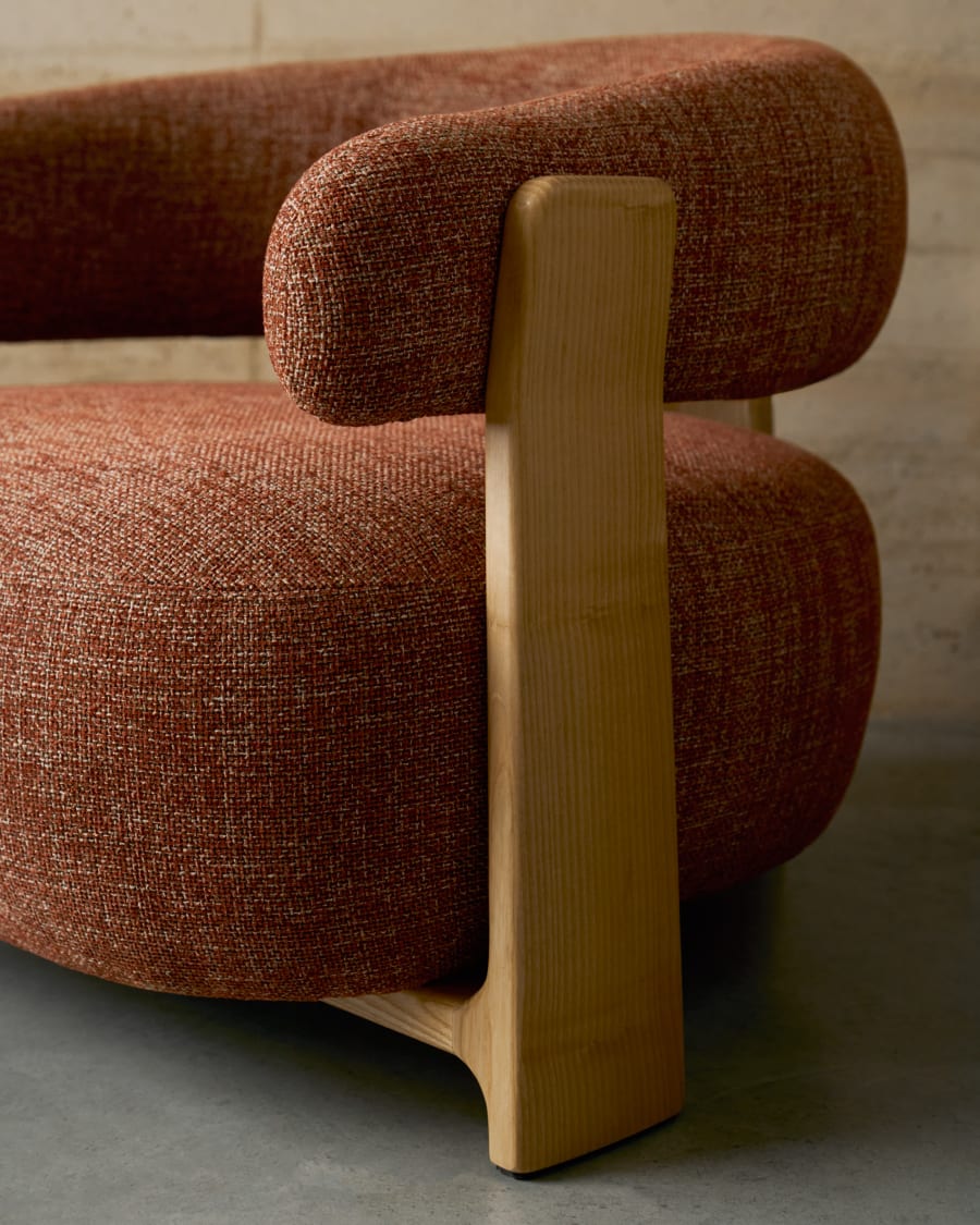 Granite terracotta chenille armchair with solid ash wood legs in a natural finish FSC 100%