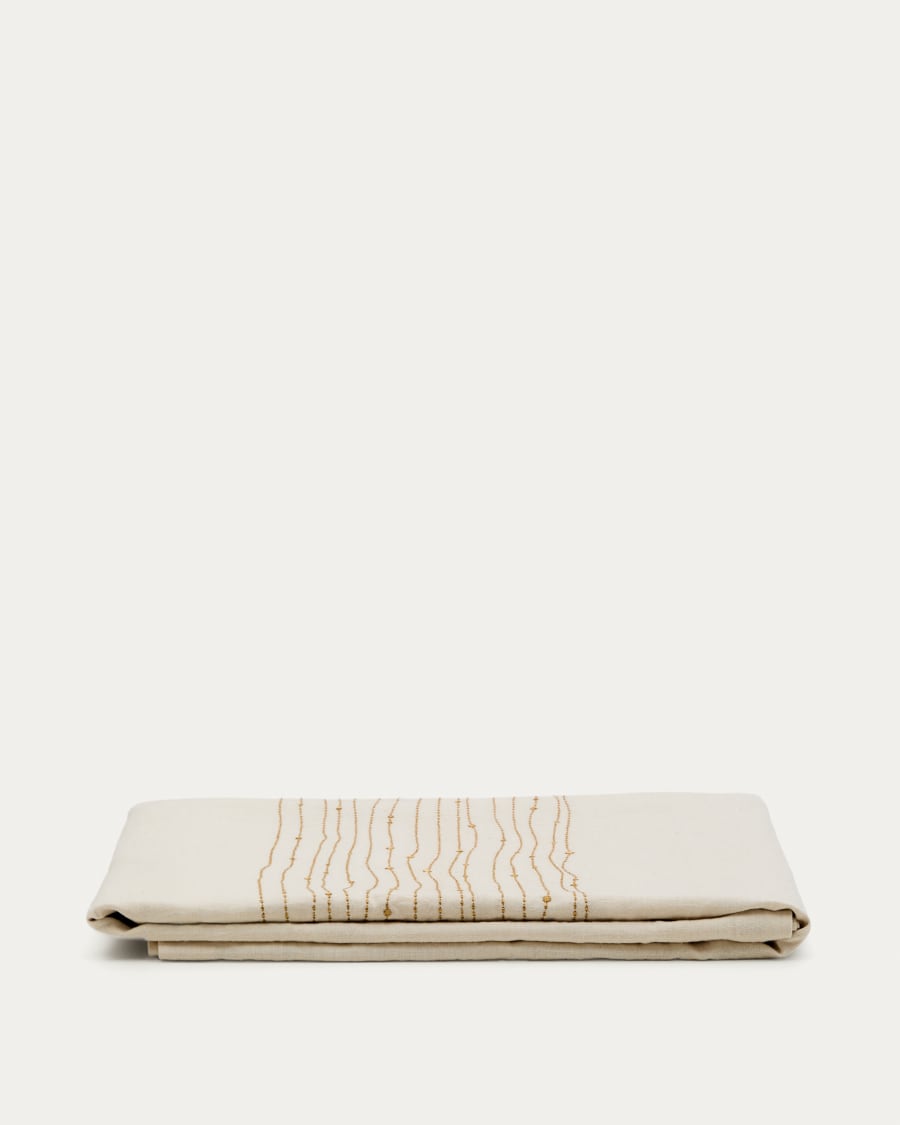 Flia white linen and cotton tablecloth gold-coloured lurex embroidered detail, 150 x 250 cm