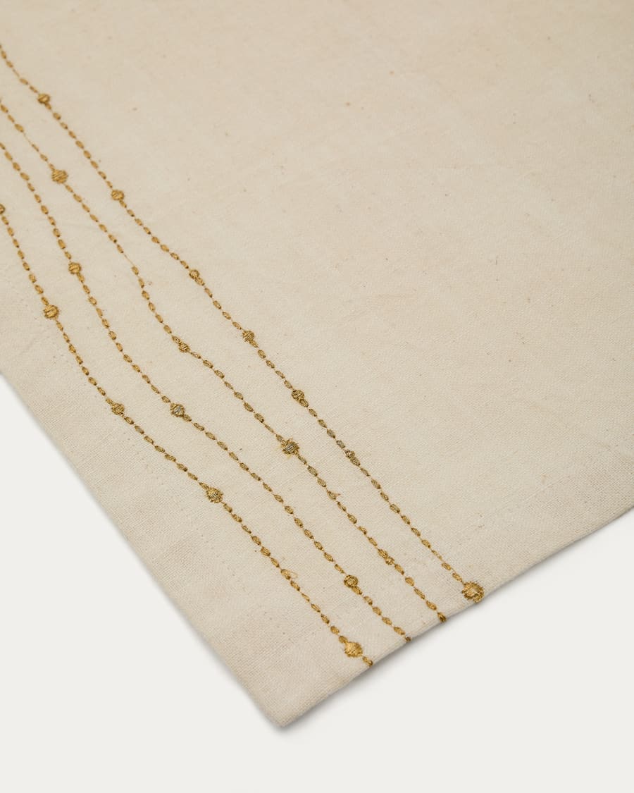 Set Flia aus 2 weißen Tischsets aus Leinen und Baumwolle mit goldfarbener Lurex-Stickerei.