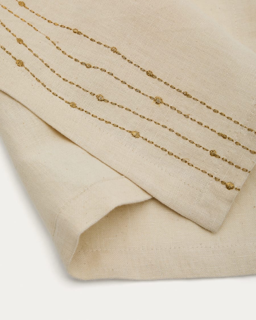 Set Flia aus 2 weißen Tischsets aus Leinen und Baumwolle mit goldfarbener Lurex-Stickerei.