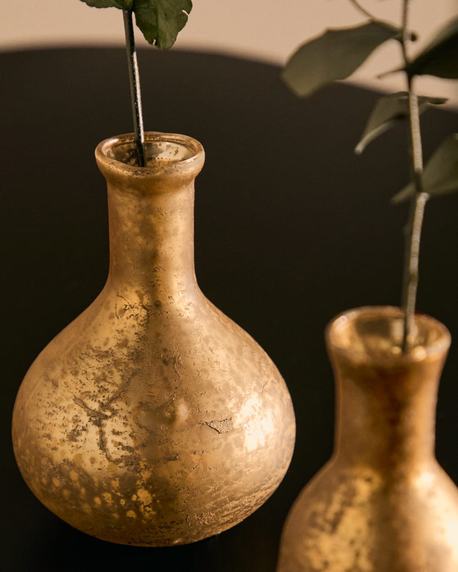 Deila set of 2 gold, recycled-glass vases, 10 cm
