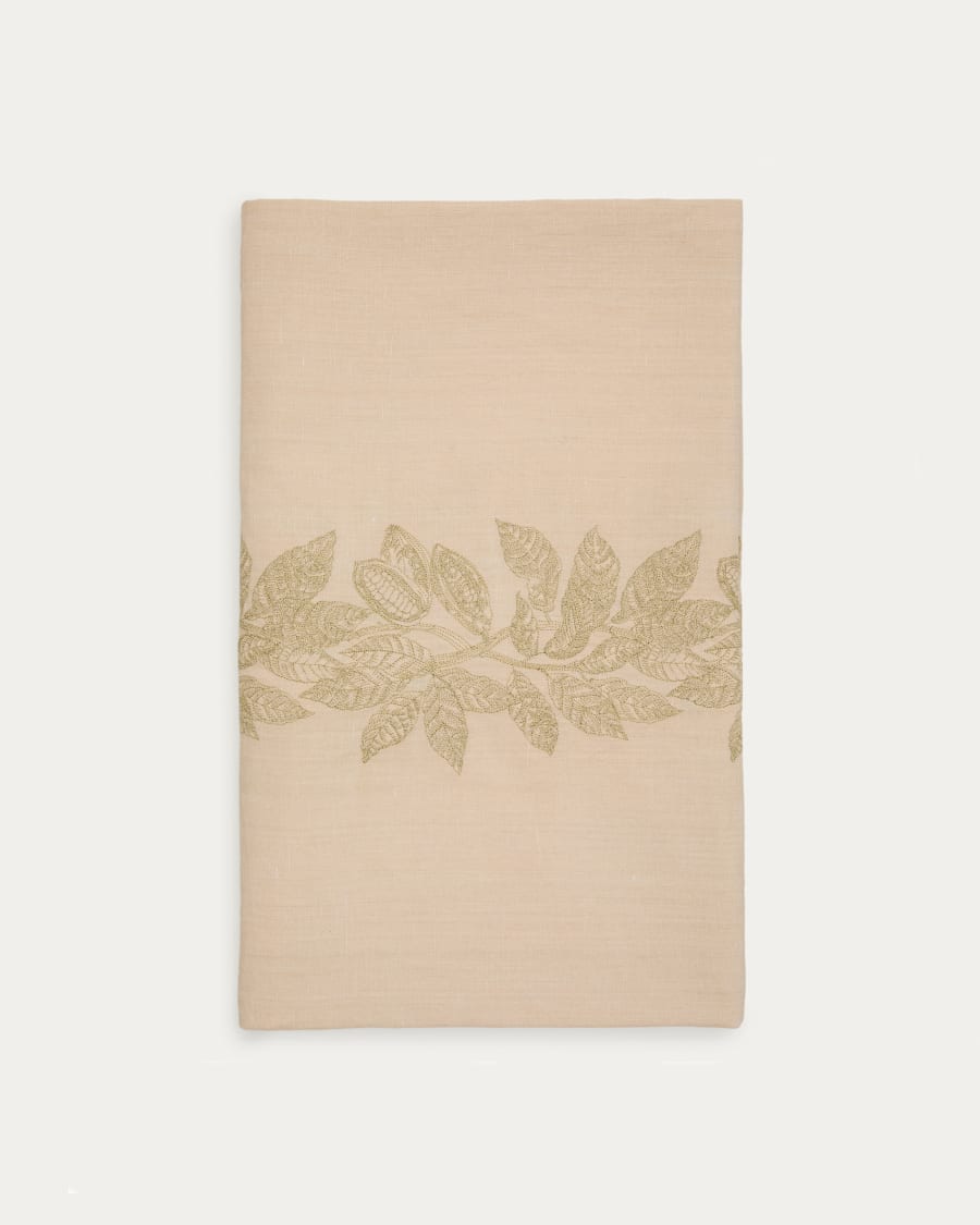 Tischdecke Oreti Baumwolle und Leinen beige Kakao-Stickerei aus goldfarbenem Lurex 150x250cm
