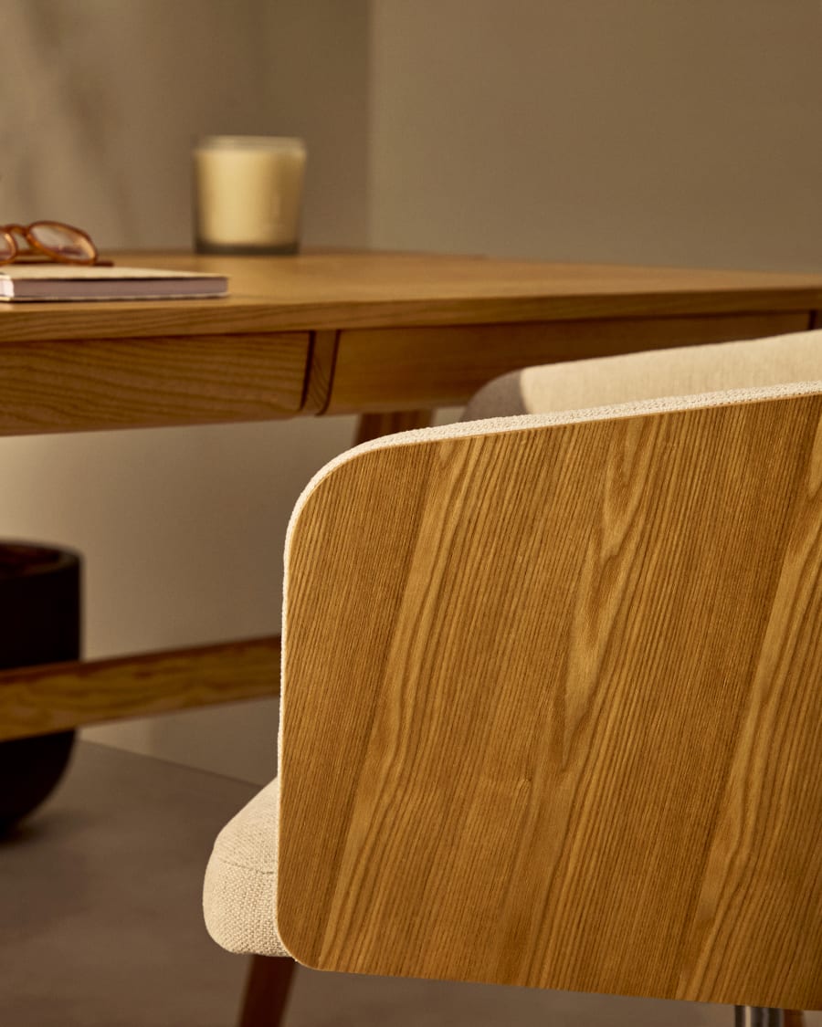 Madai desk chair in beige chenille and ash veneer with natural finish FSC Mix Credit