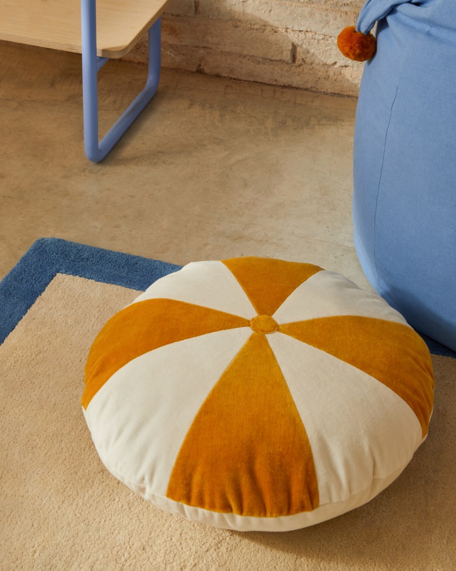 Cuscino rotondo Odet di cotone bianco e mostarda Ø 45 cm