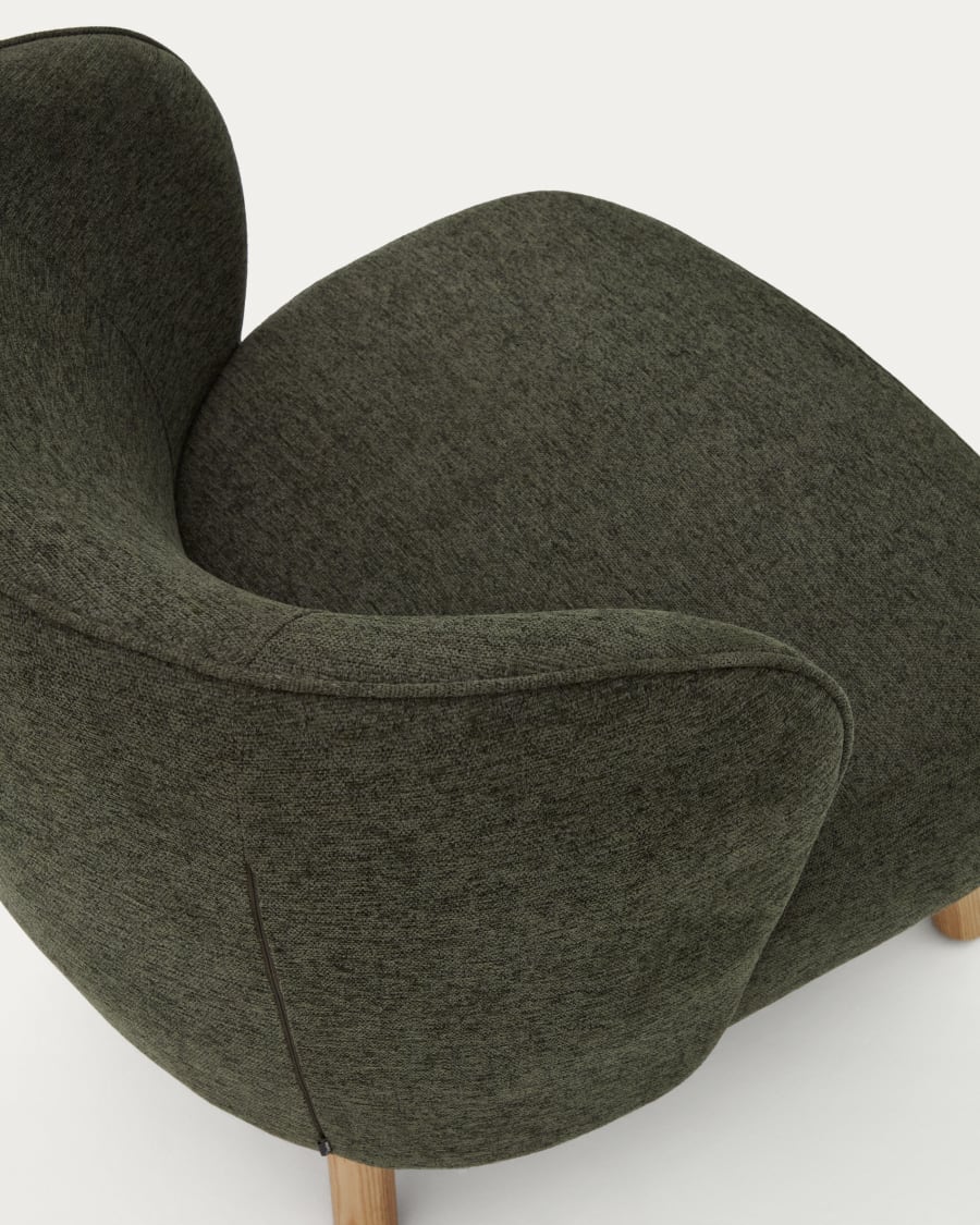 Ulit armchair in green chenille with solid beech wood legs in a natural finish