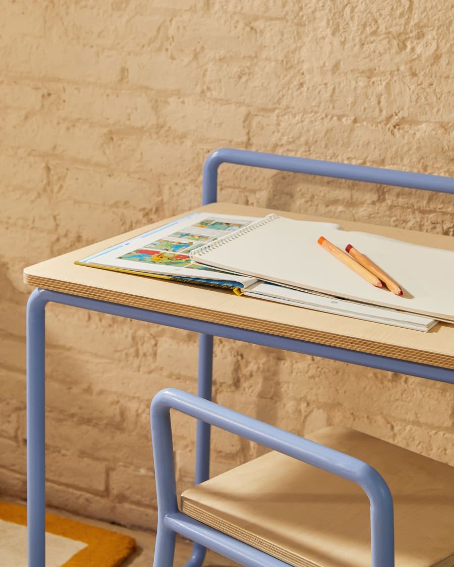 Tinn ash veneer desk with a blue metal structure, 82 x 45 cm