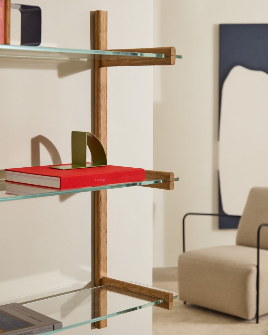 Sitra modular shelf, 3 glass shelves and FSC Mix Credit solid oak wood, 90 cm