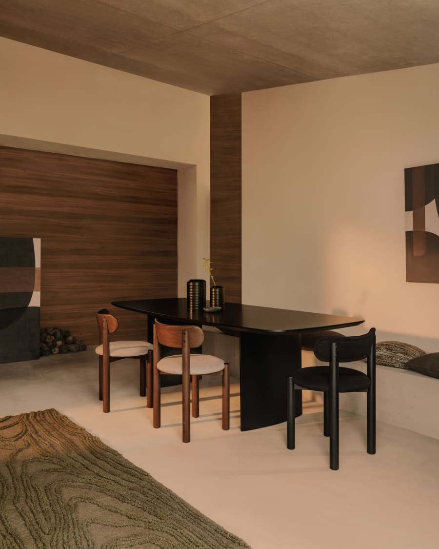 Nebai chair in black chenille with a solid oak wood structure and black finish FSC MIX Credit