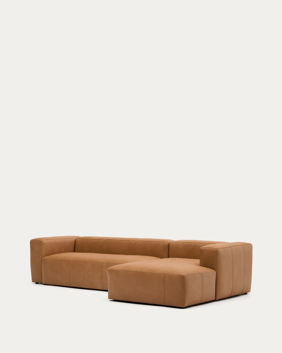 Blok brown leather 4-seater sofa, right chaise longue 330 cm