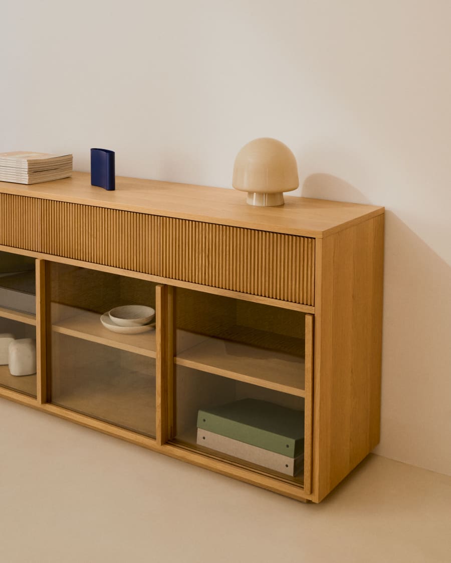 Helvine sideboard 4 doors and 4 drawers oak veneer and tempered glass, 200 x 80cm FSC 100% Assembled