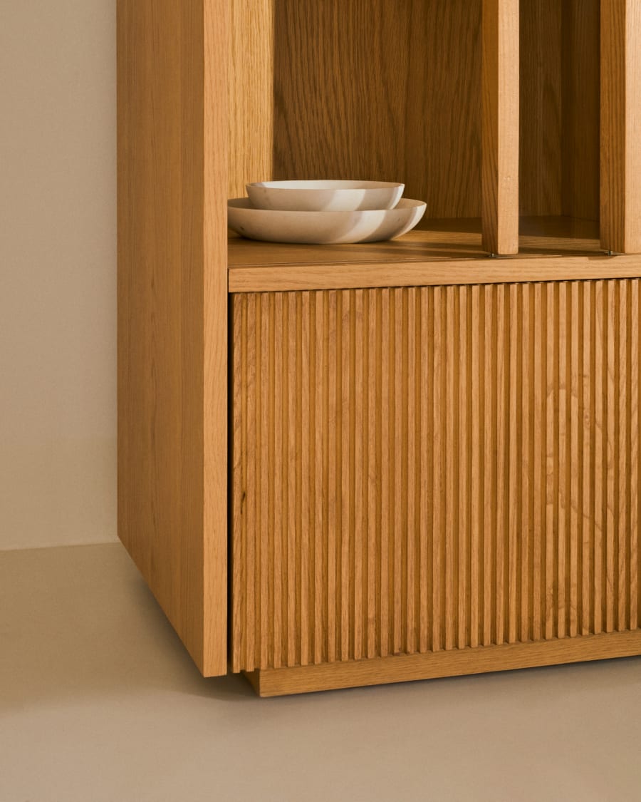 Helvine display cabinet 4 doors 2 drawers oak veneer and tempered glass 100 x 174 cm FSC 100% Assembled