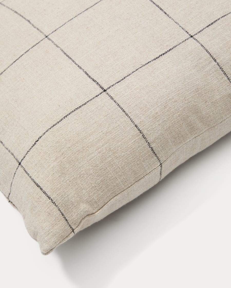 Ayame cushion cover in beige linen and cotton and a black embroidery feature, 45 x 45 cm
