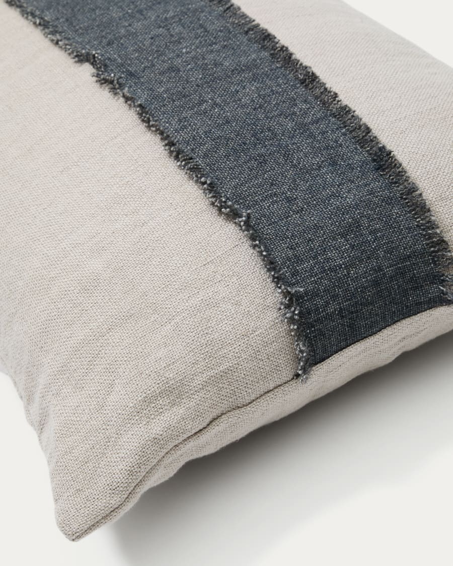 Daf 100% linen cushion cover in beige and grey with fringes, 40 x 60 cm