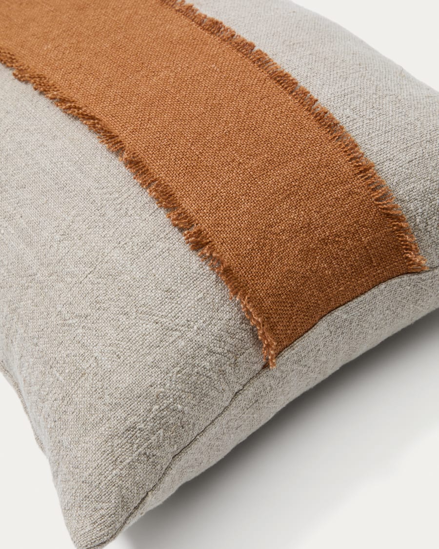 Daf 100% linen cushion cover in beige and terracotta with fringes, 40 x 60 cm