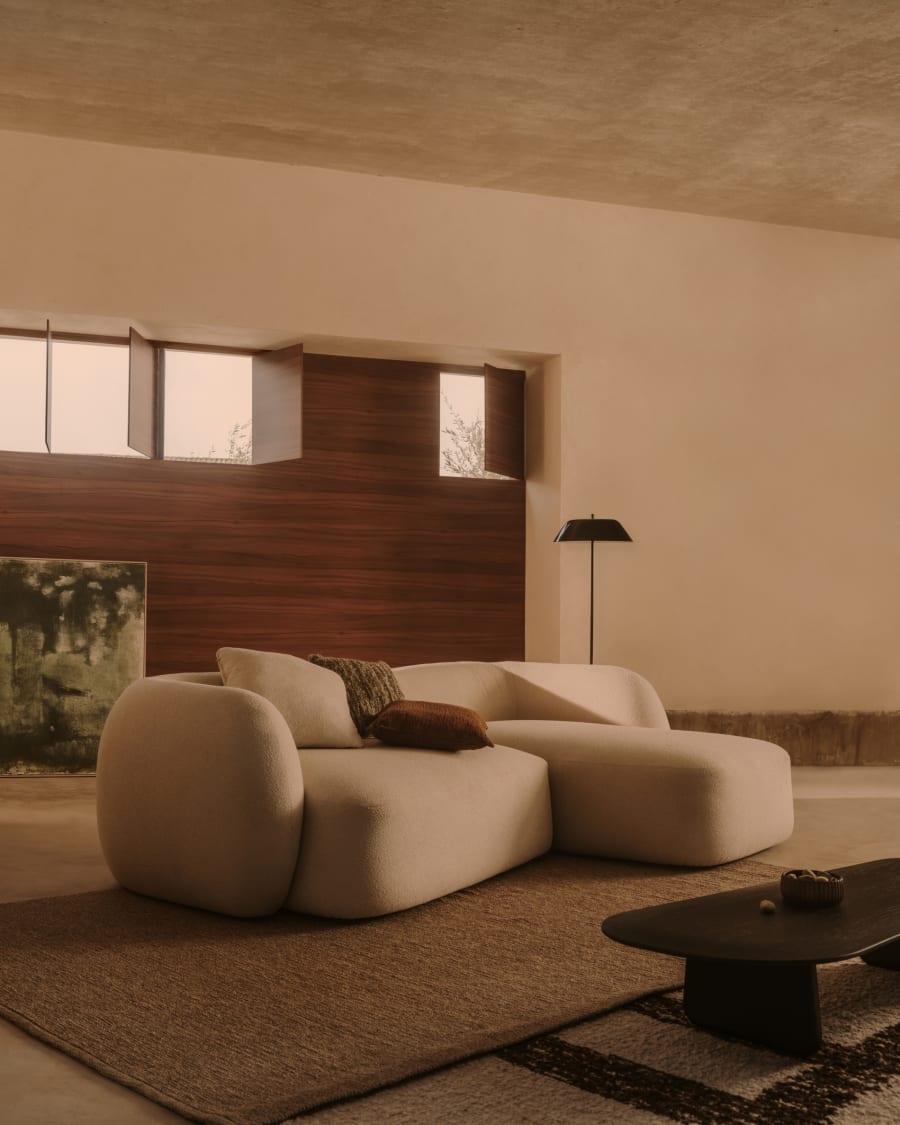 Modular 3-seater sofa Martina in ecru chenille with right-hand chaise longue 287 cm