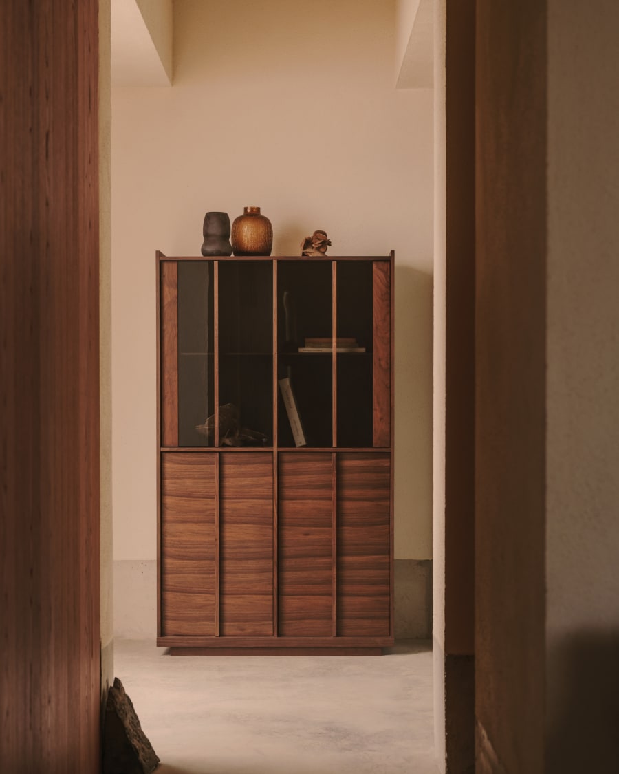 Onix display cabinet solid walnut and walnut veneer dark finish 101 x 170 cm FSC Mix Credit Assembled