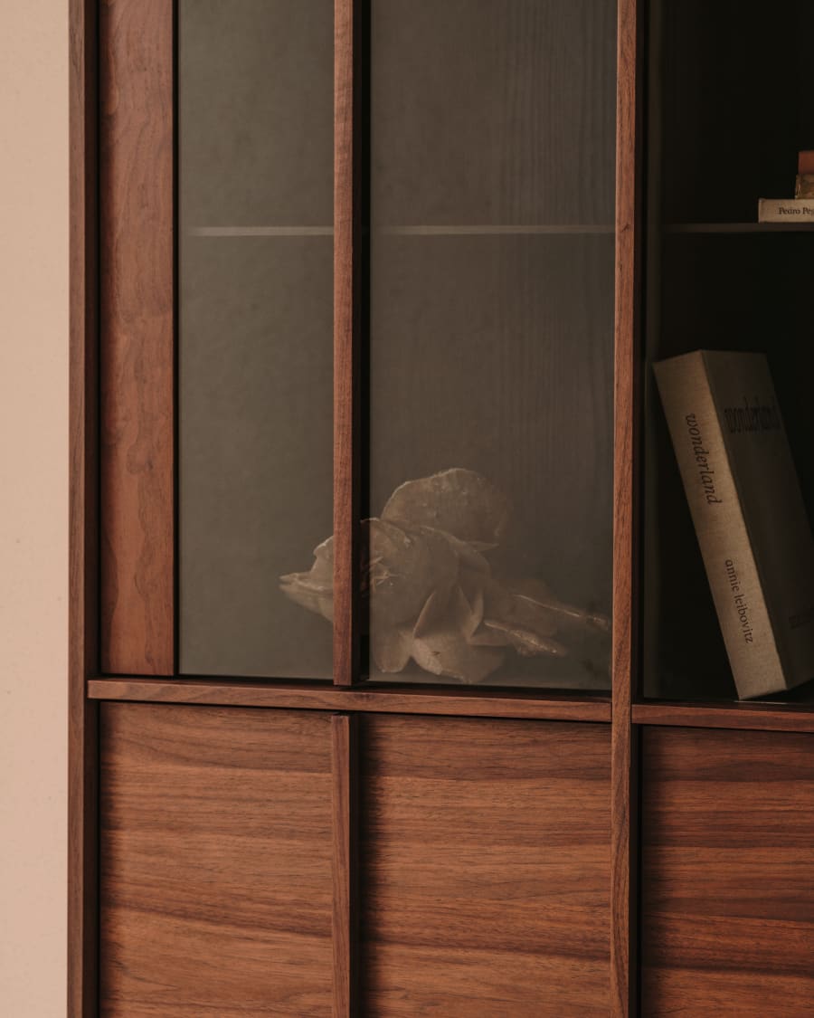 Onix display cabinet solid walnut and walnut veneer dark finish 101 x 170 cm FSC Mix Credit Assembled