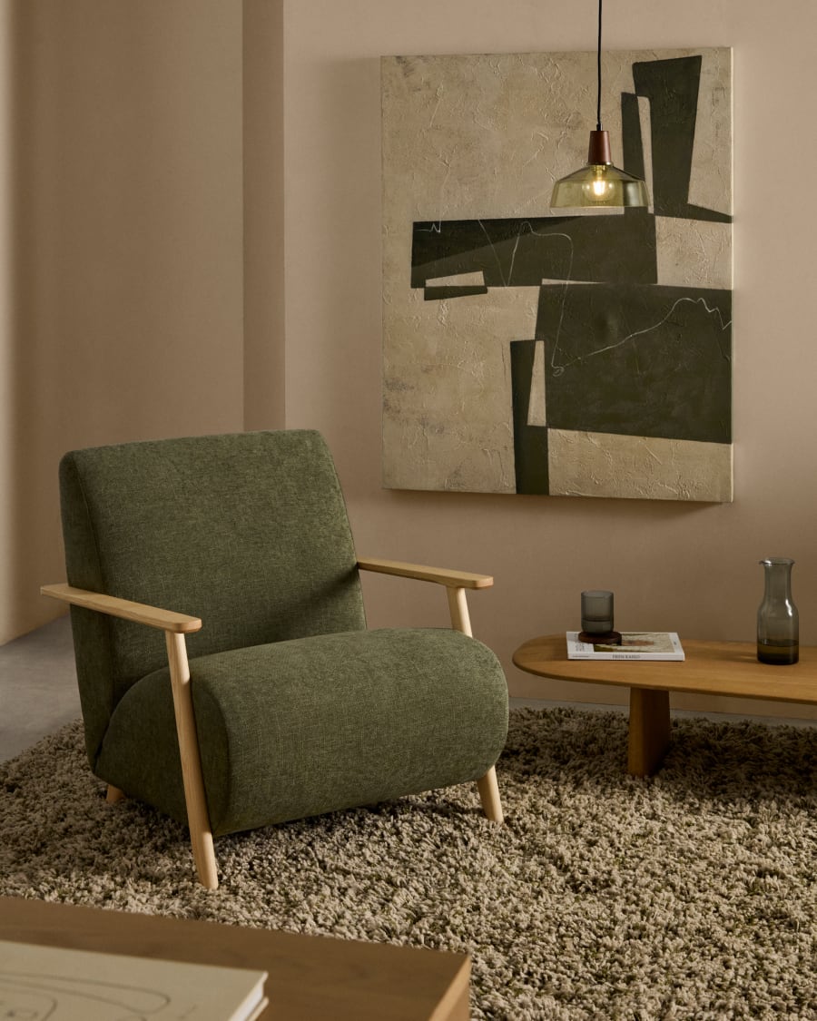 Meghan armchair in green chenille and with solid beech wood in a natural finish FSC Mix Credit