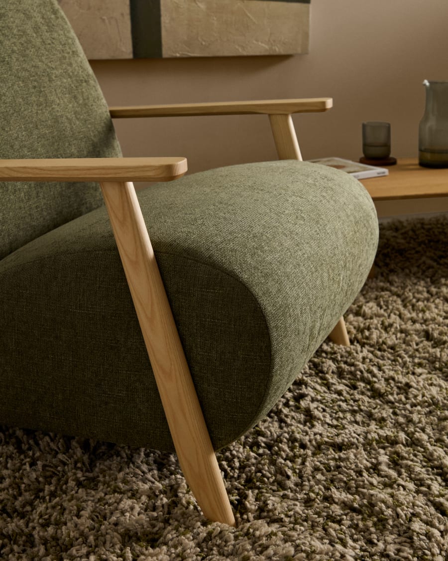 Meghan armchair in green chenille and with solid beech wood in a natural finish FSC Mix Credit