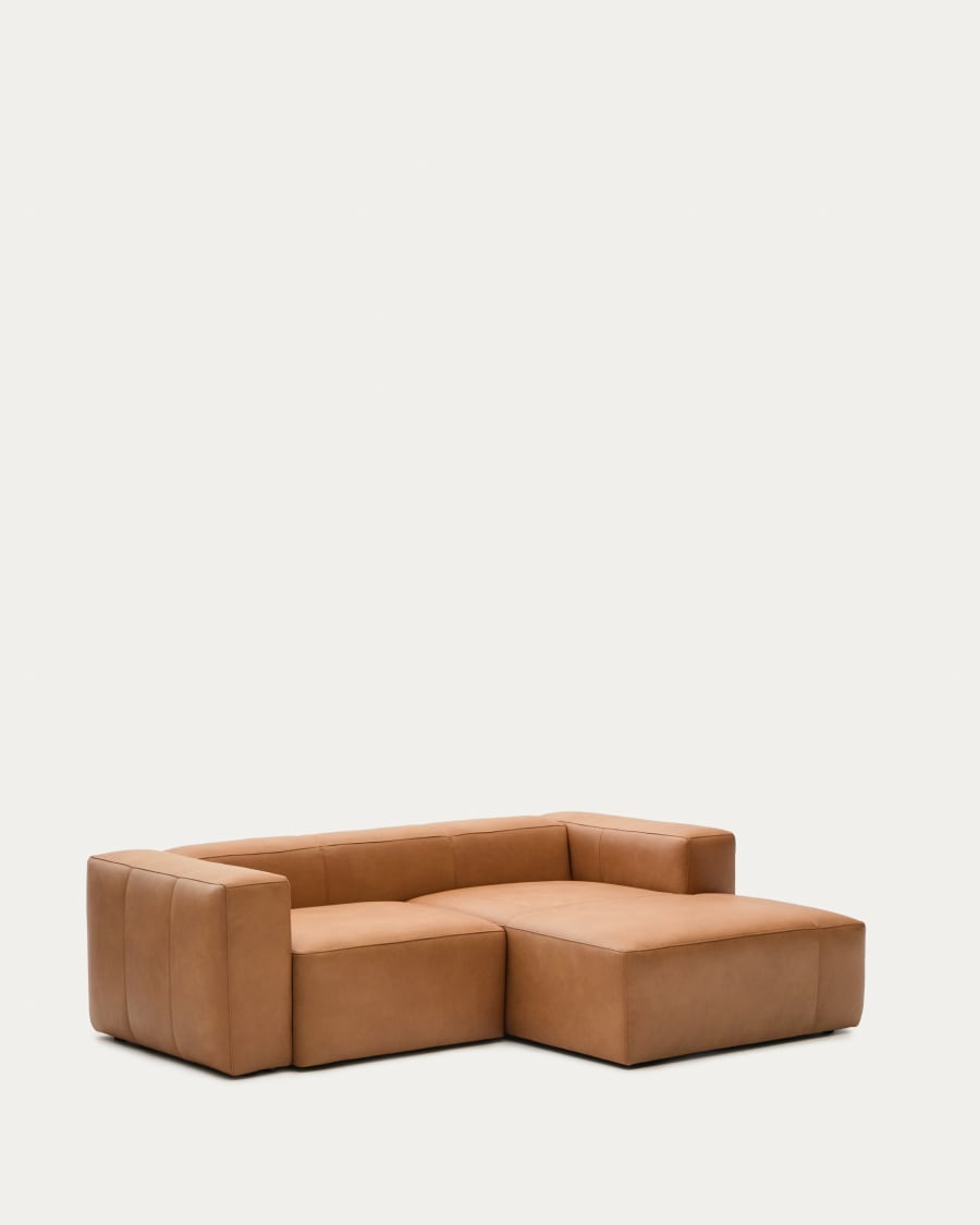 Blok brown leather 2-seater sofa, right chaise longue 240 cm