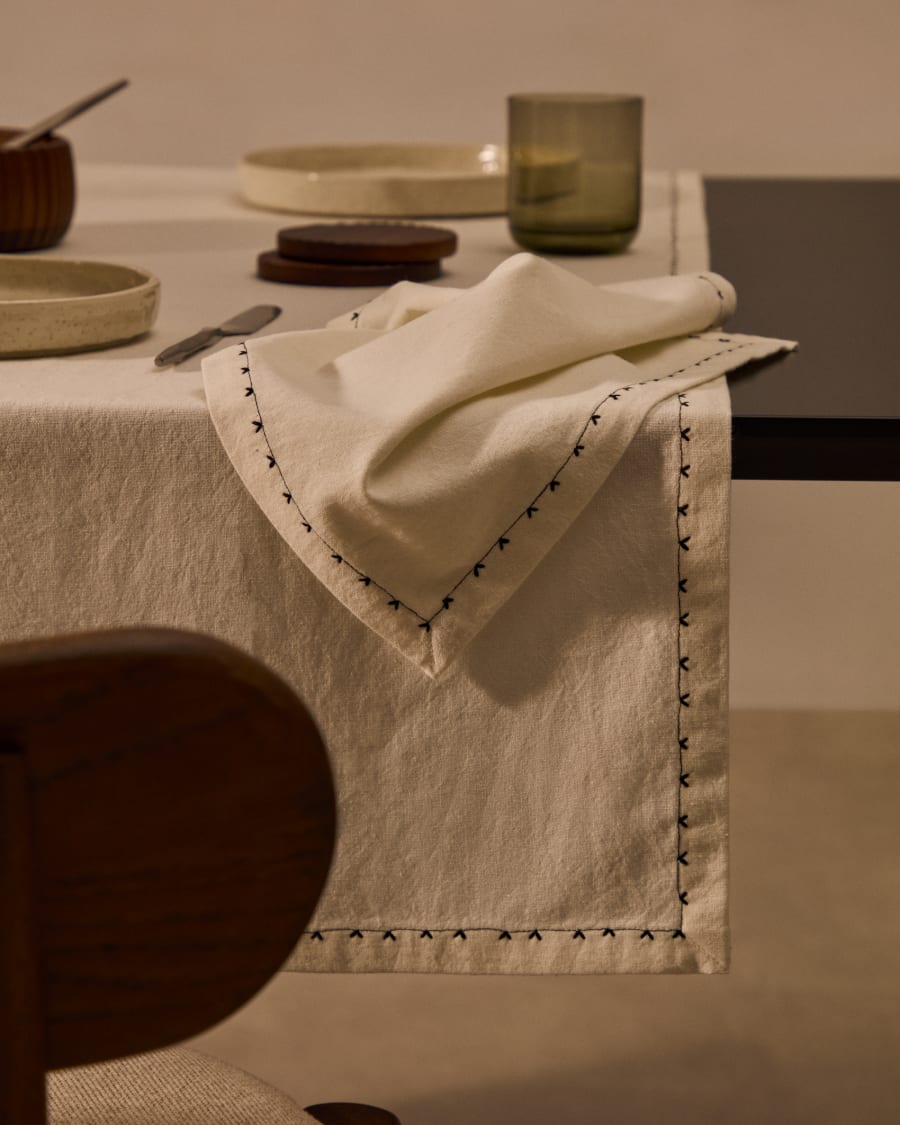 Olim beige, 100% cotton table runner with black embroidery detail