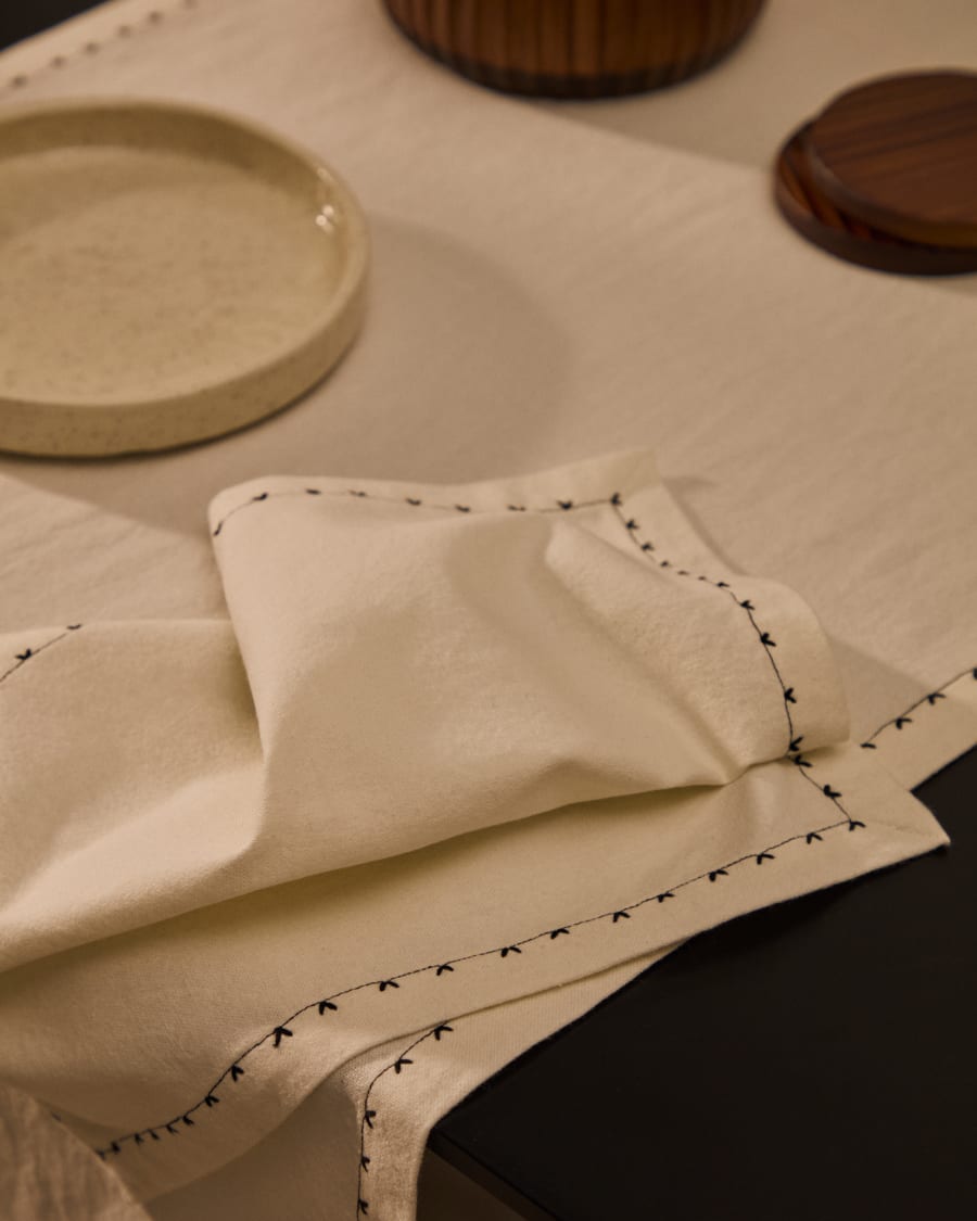 Olim set of two beige, 100% cotton napkins with black embroidery detail