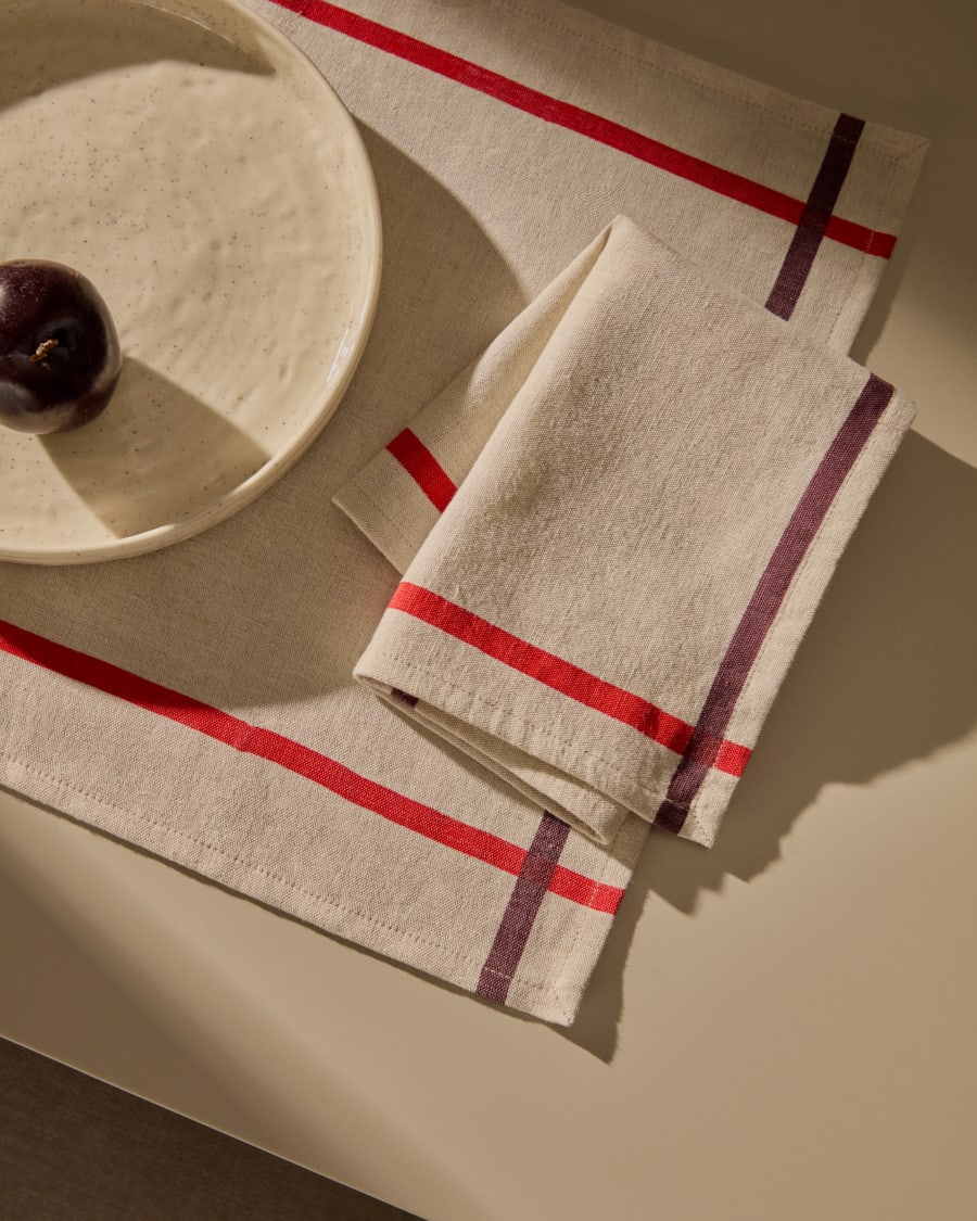 Delma set of table mat and linen and cotton napkin with red detail