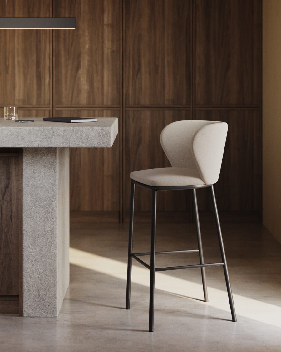 Ciselia stool in beige chenille and black steel legs height 75 cm FSC Mix Credit