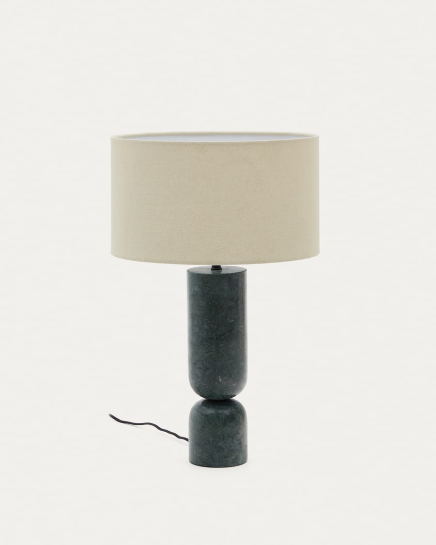 Vex table lamp in green marble with a grey linen shade UK adapter