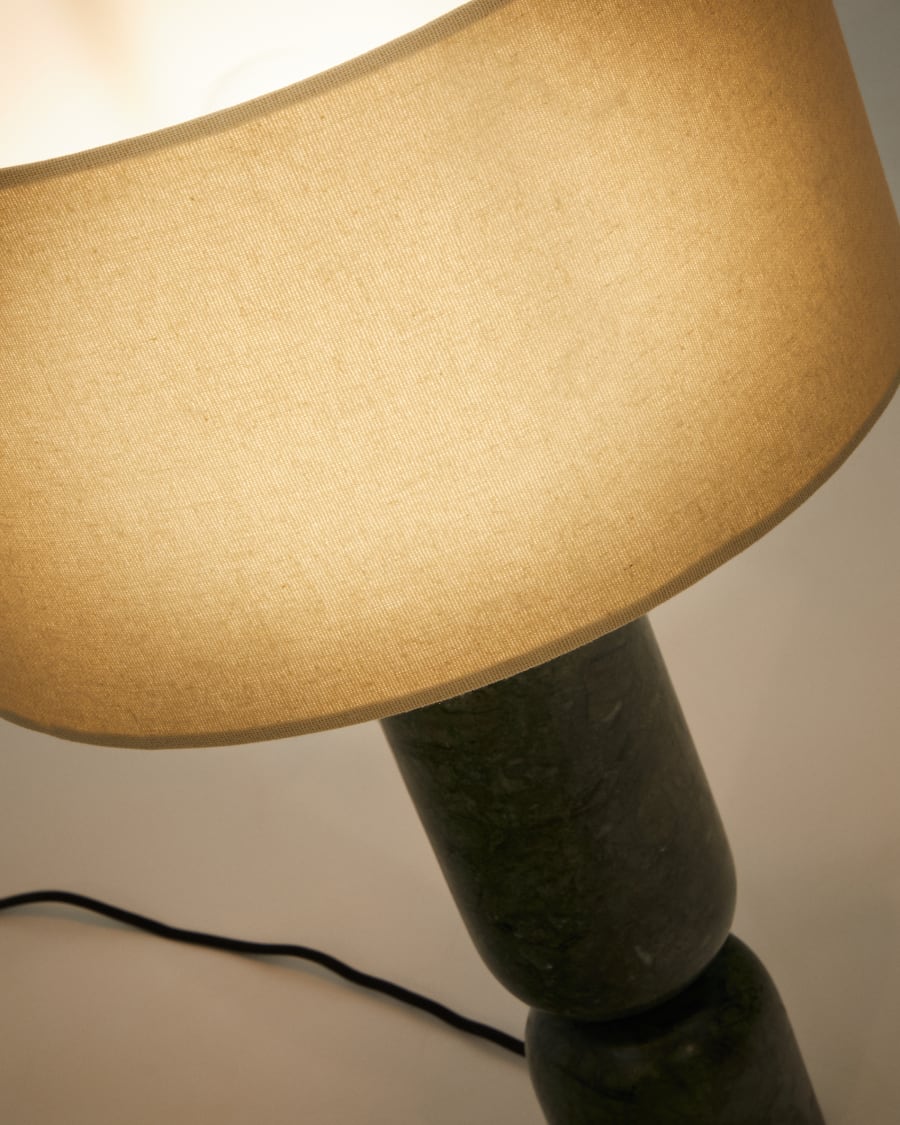 Vex table lamp in green marble with a grey linen shade UK adapter