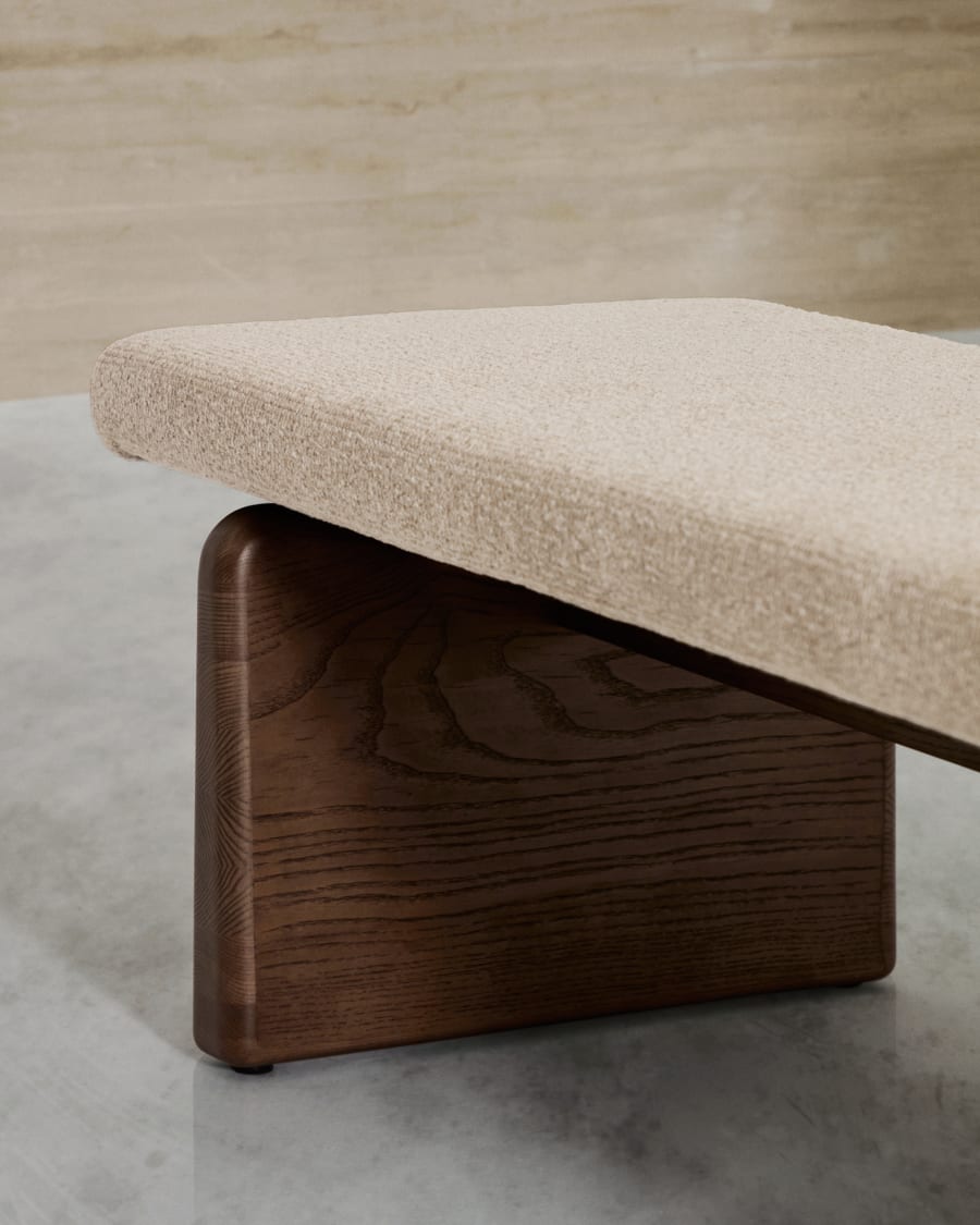 Topaz bench in beige chenille and FSC 100% solid ash wood in a walnut finish, 150 cm