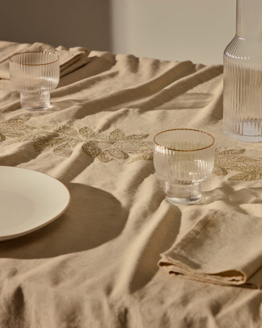 Tischdecke Oreti Baumwolle und Leinen beige Kakao-Stickerei aus goldfarbenem Lurex 150x250cm