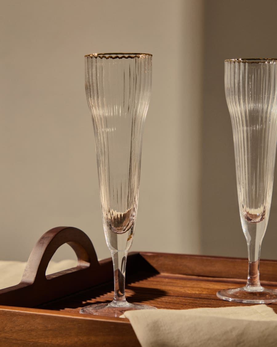 Langes Sektglas Ayan aus Klarglas mit goldfarbenem Detail 19 cl