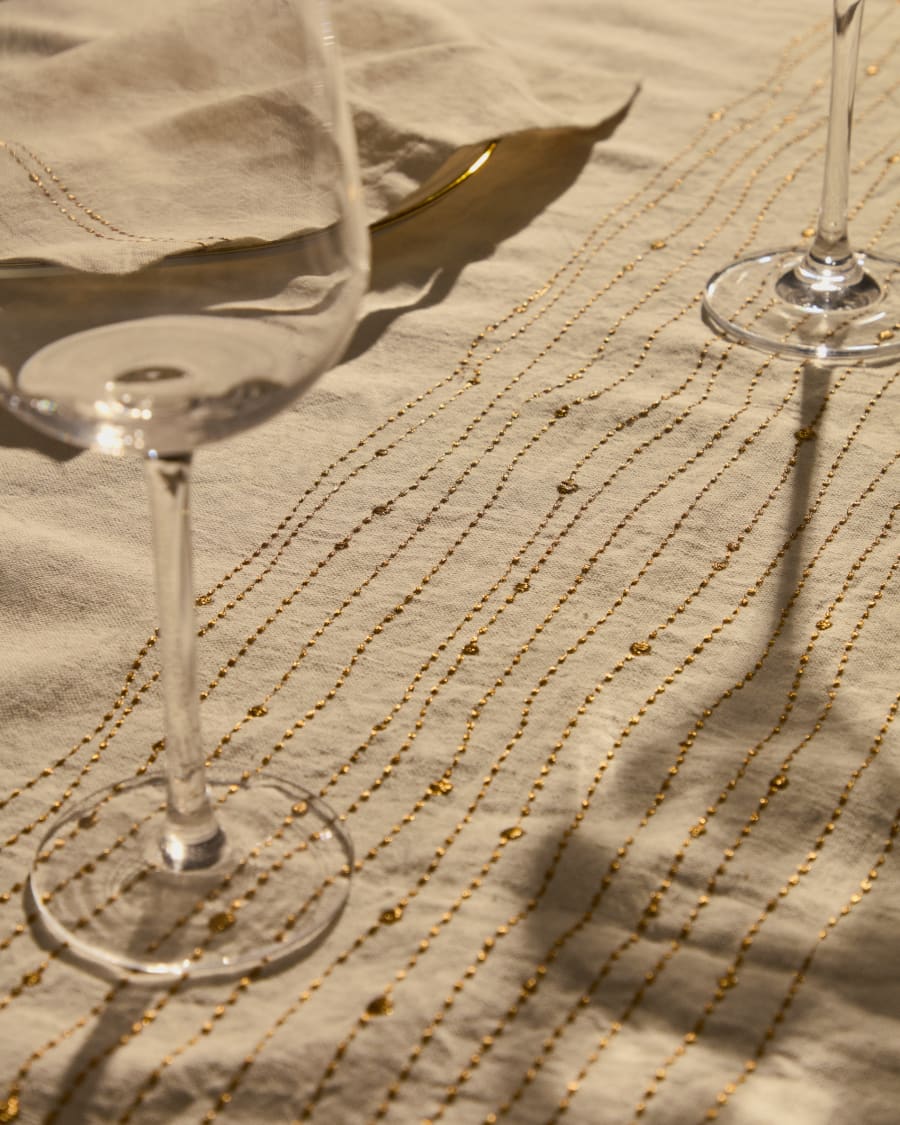 Flia white linen and cotton tablecloth gold-coloured lurex embroidered detail, 150 x 250 cm