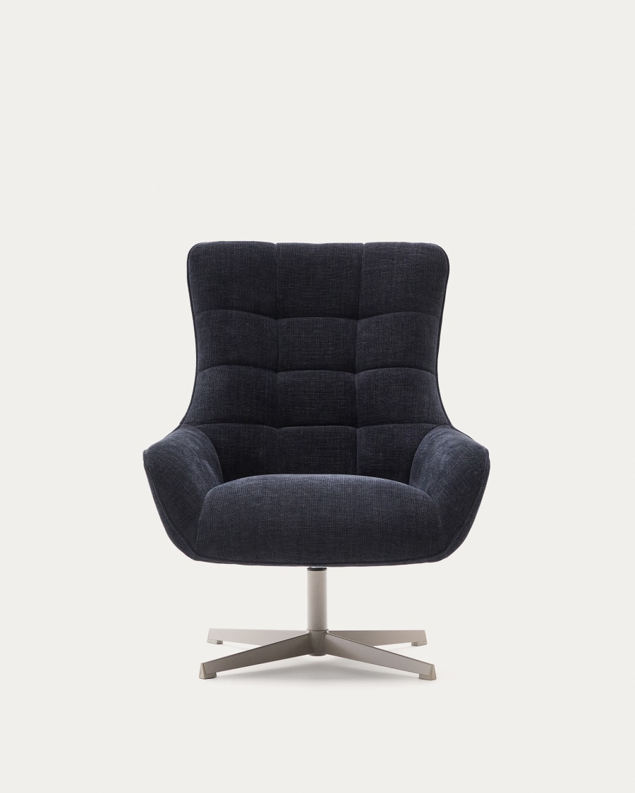 Teryl swivel blue chenille armchair with grey-finished metal, FSC 100%