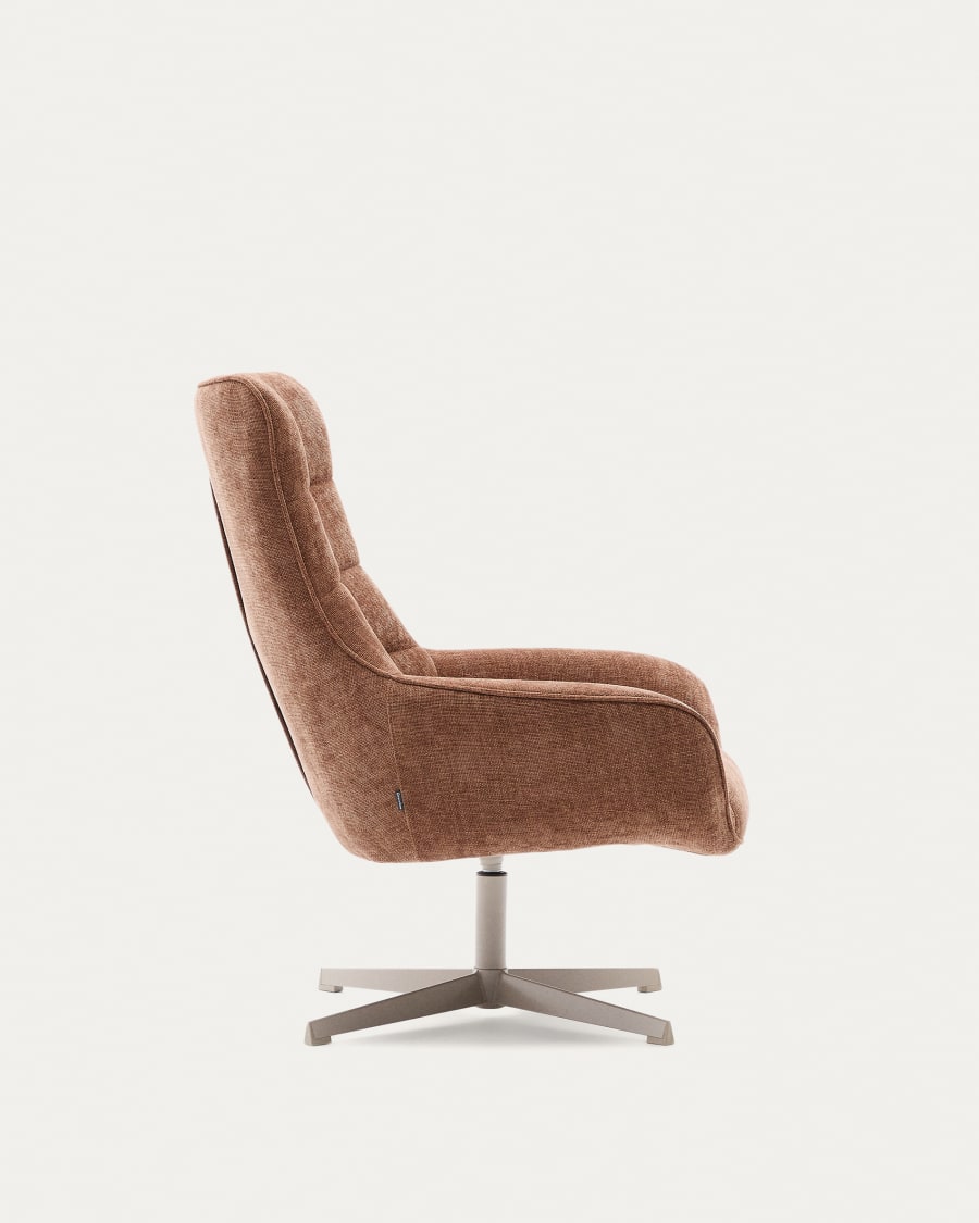 Teryl swivel light brown chenille armchair with grey-finished metal, FSC 100%