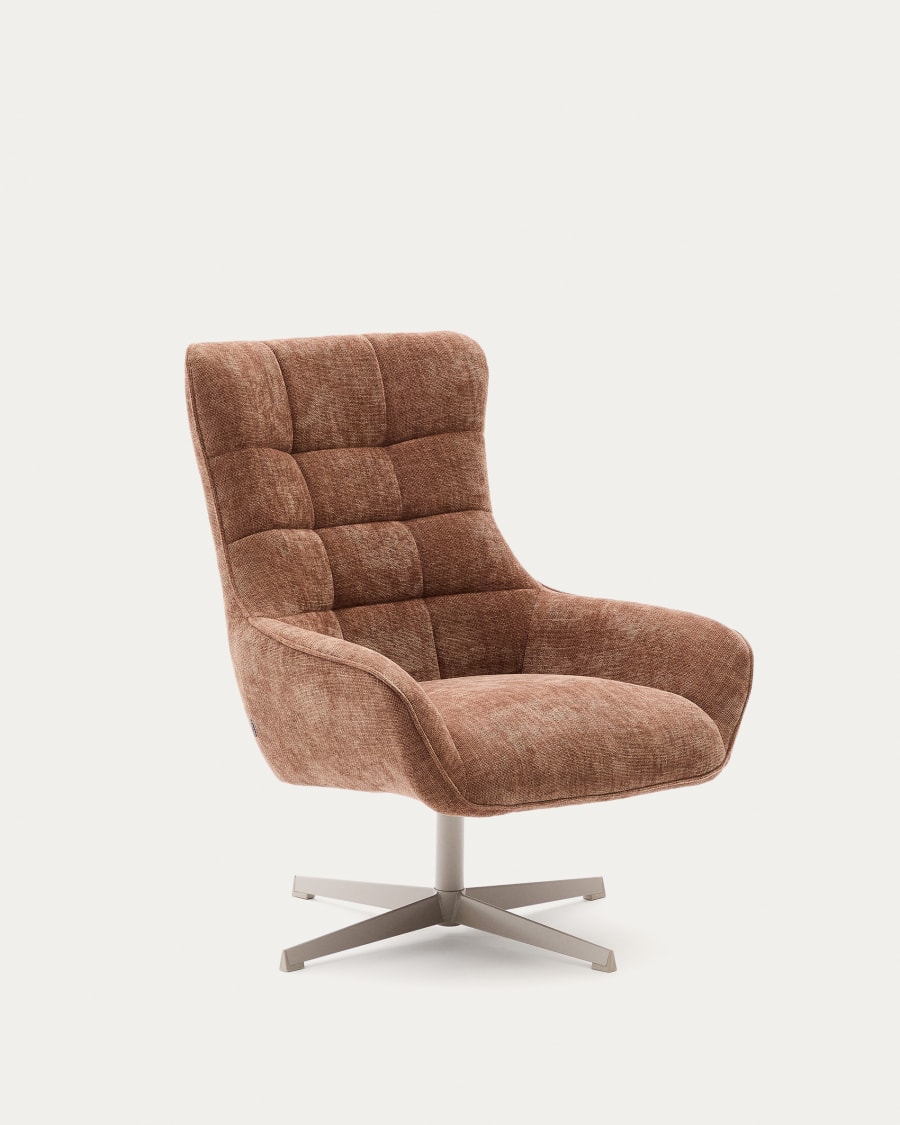 Teryl swivel light brown chenille armchair with grey-finished metal, FSC 100%