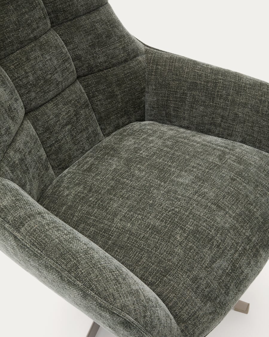 Teryl swivel green chenille armchair with grey-finished metal, FSC 100%