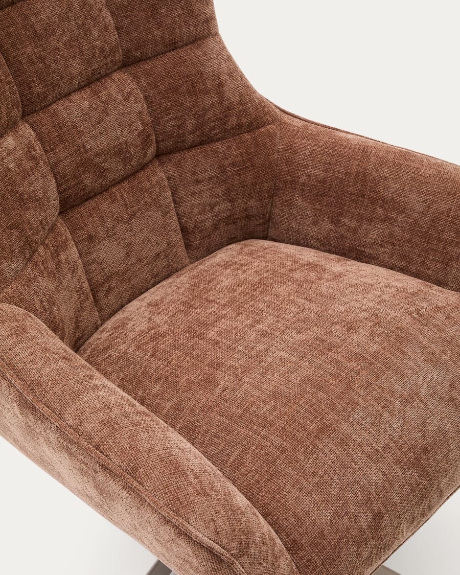 Teryl swivel light brown chenille armchair with grey-finished metal, FSC 100%
