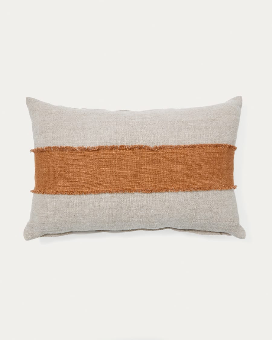 Daf 100% linen cushion cover in beige and terracotta with fringes, 40 x 60 cm