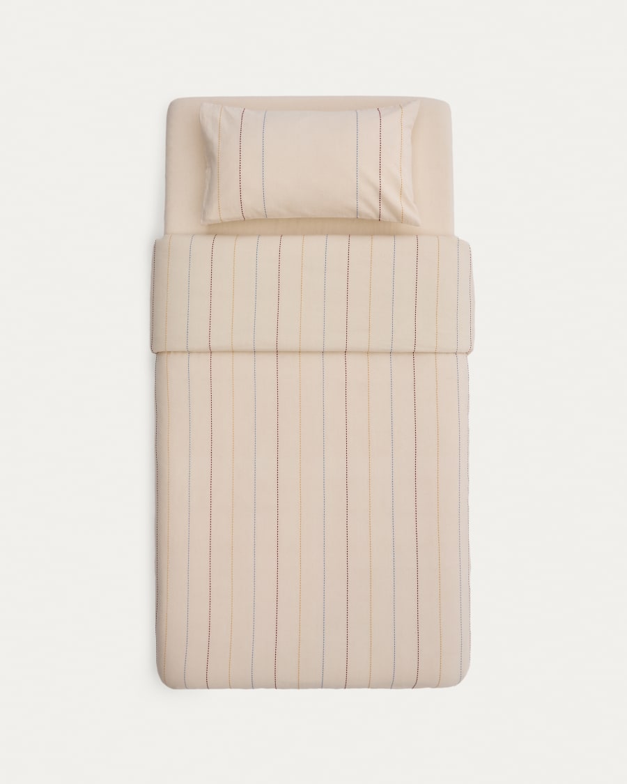 Set Indani Bezug für Decke und Kopfkissen Spannbetttuch 100%Bio-Baumwolle gestreift Bett 90cm