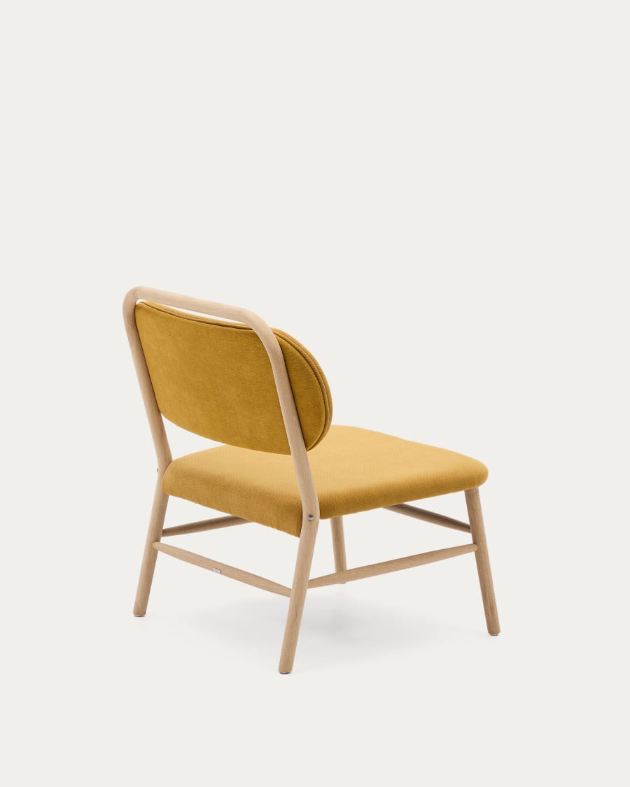 Helda armchair in mustard-coloured chenille and FSC Mix Credit solid oak wood